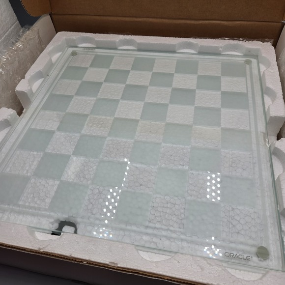 Vintage Oracle Glass Crystal Chess Set New In Box 13x13" Frosted & Clear Glass
